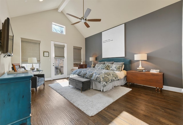 bedroom with ceiling fan, dark hardwood / wood-style floors, and multiple windows