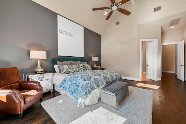 bedroom with high vaulted ceiling, ceiling fan, and dark hardwood / wood-style floors