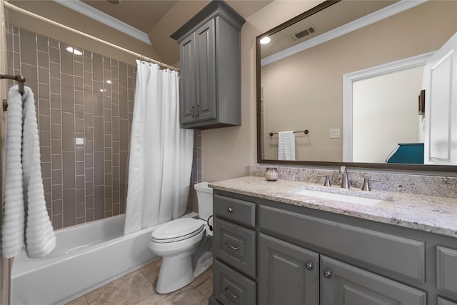 full bathroom featuring toilet, shower / tub combo, tile patterned floors, ornamental molding, and vanity