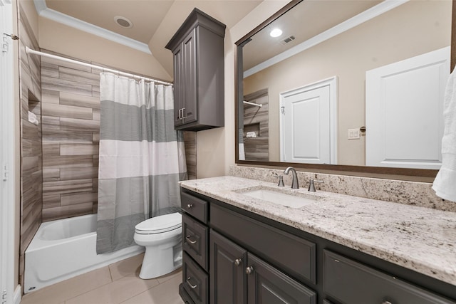 full bathroom with toilet, tile patterned floors, vanity, ornamental molding, and shower / bath combo