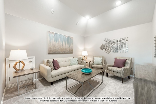 living room with carpet and vaulted ceiling