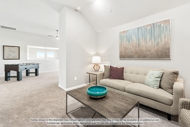 living room with light carpet, vaulted ceiling, and ceiling fan