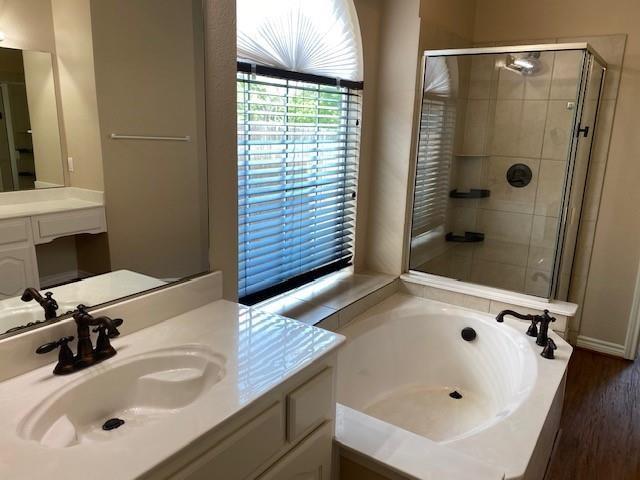 bathroom featuring plus walk in shower and vanity