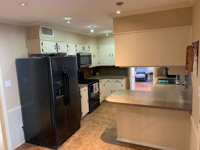 kitchen with black appliances, kitchen peninsula, ornamental molding, tasteful backsplash, and white cabinetry