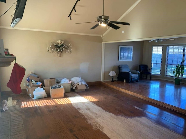 unfurnished room with ceiling fan, wood-type flooring, crown molding, and track lighting