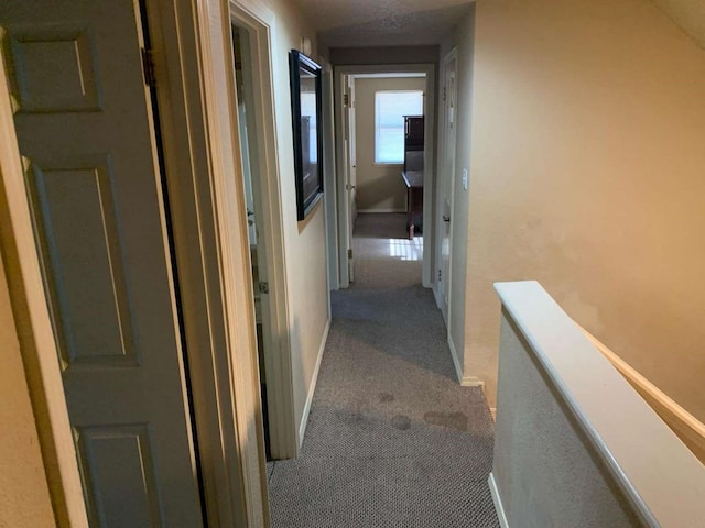 hallway with carpet flooring and a textured ceiling