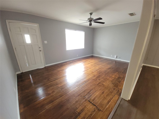 entrance foyer with ceiling fan and dark hardwood / wood-style flooring