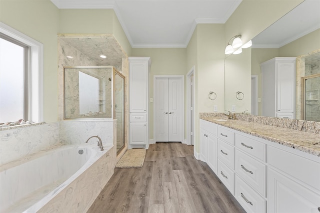 bathroom featuring plus walk in shower, wood-type flooring, vanity, and ornamental molding