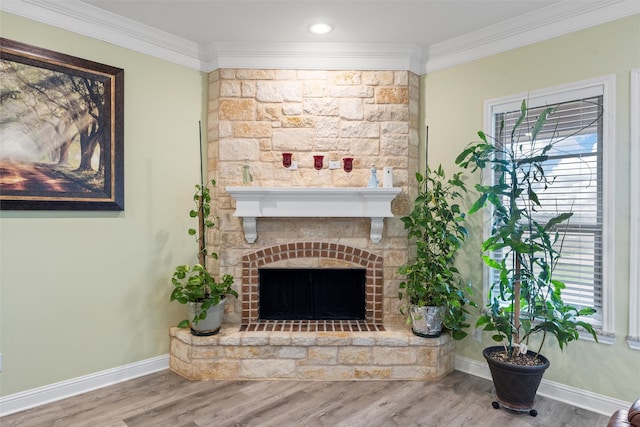 living room featuring a fireplace, a wealth of natural light, and ornamental molding