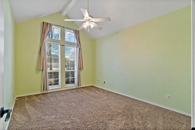 carpeted spare room with lofted ceiling with beams and ceiling fan