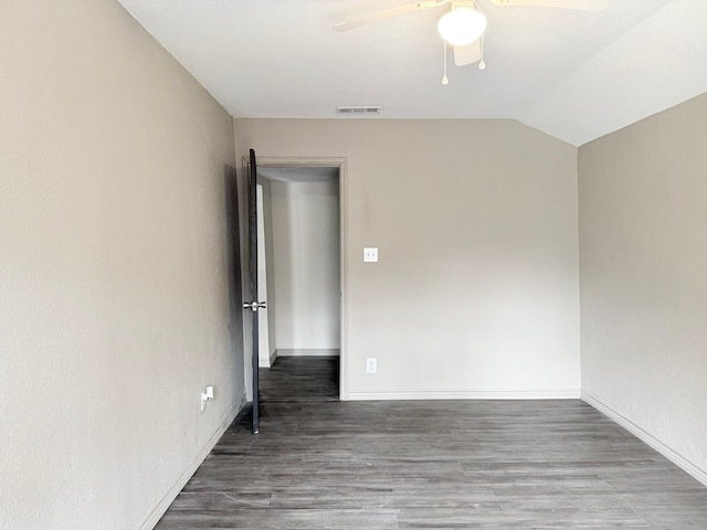 unfurnished room with vaulted ceiling, ceiling fan, and hardwood / wood-style floors