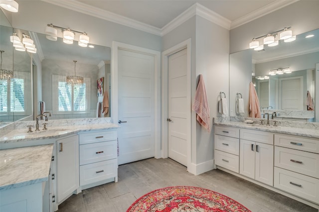 bathroom featuring vanity, wood-type flooring, and ornamental molding