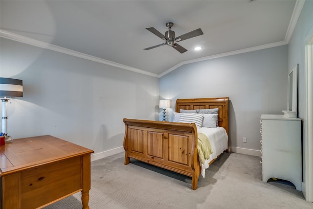 bedroom featuring ceiling fan, crown molding, and light colored carpet