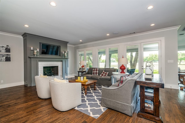 living room featuring a fireplace, dark wood-type flooring, and ornamental molding