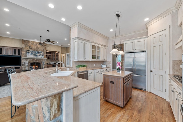 104 Bridle Wood Ct, Aledo, TX 76008 - kitchen with a sink, appliances with stainless steel finishes, ceiling fan, a fireplace, and glass insert cabinets