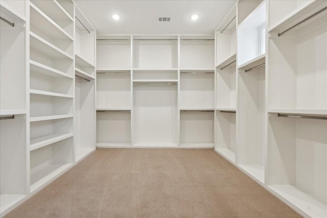 spacious closet featuring light colored carpet