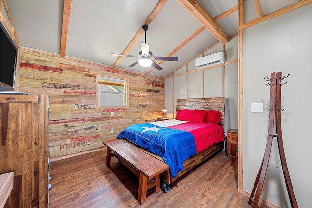 bedroom featuring vaulted ceiling, ceiling fan, dark wood-type flooring, an AC wall unit, and wood walls