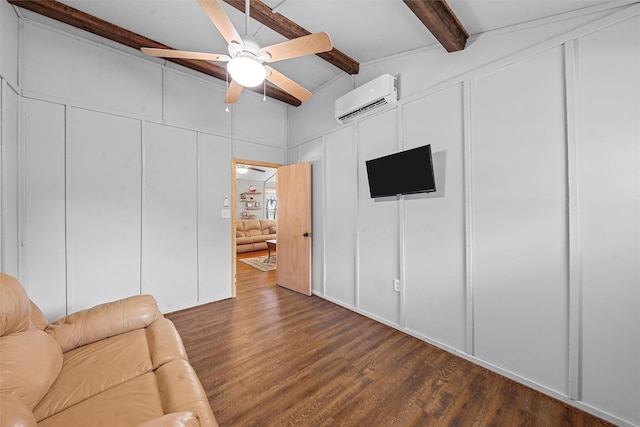 living room with beam ceiling, ceiling fan, dark hardwood / wood-style floors, and a wall mounted air conditioner