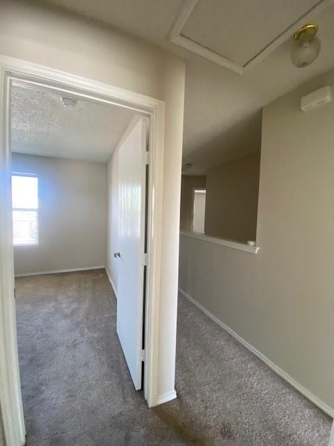 hallway featuring attic access, baseboards, and carpet floors