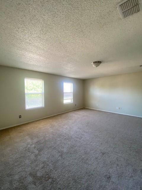 unfurnished room featuring carpet, a textured ceiling, visible vents, and baseboards