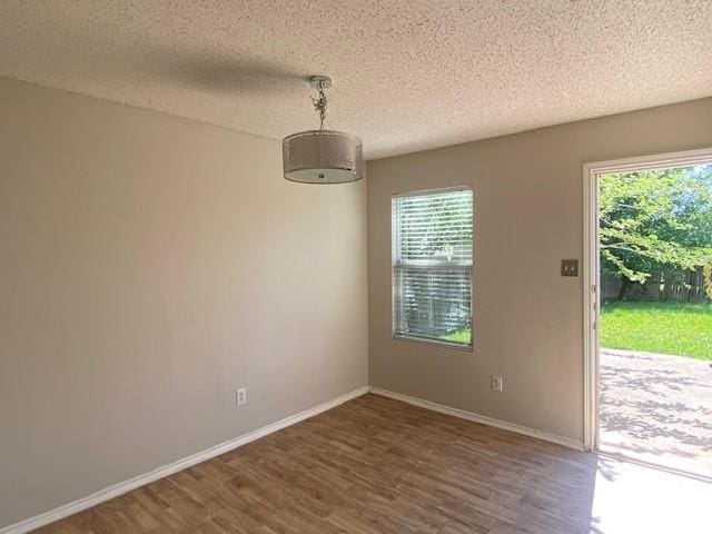 unfurnished dining area featuring a textured ceiling, plenty of natural light, and wood finished floors