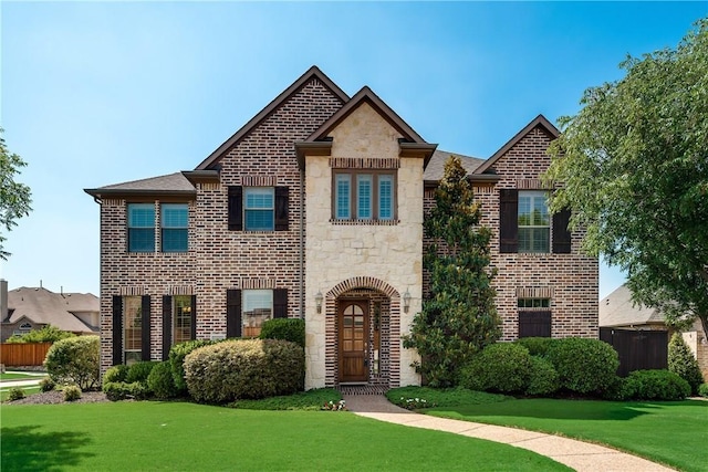 view of front of house with stone siding, brick siding, a front lawn, and fence