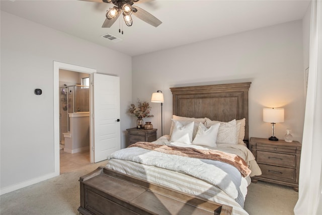 carpeted bedroom featuring ceiling fan and connected bathroom