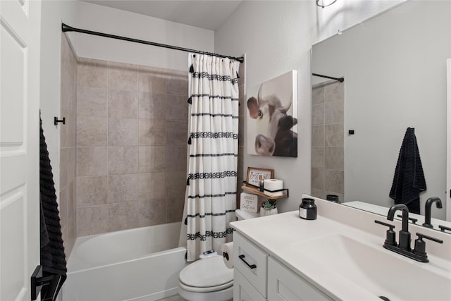 full bathroom featuring toilet, shower / tub combo, and vanity