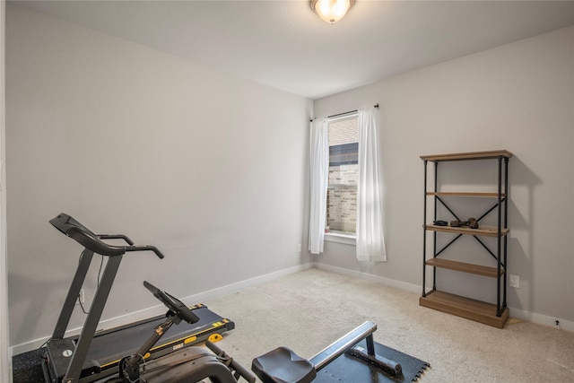 exercise area featuring light colored carpet