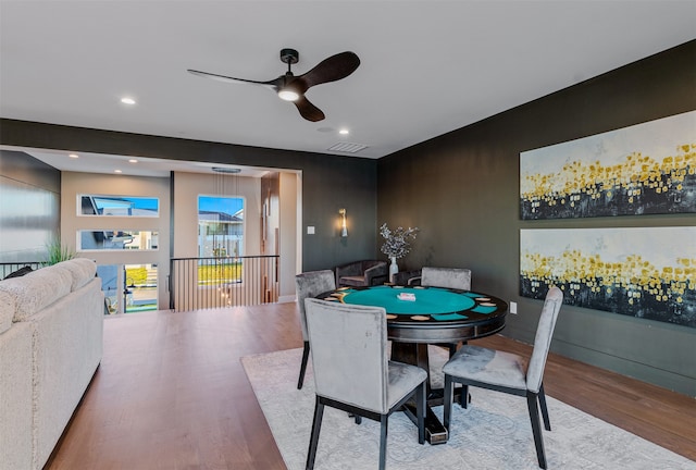 game room featuring ceiling fan and light hardwood / wood-style floors