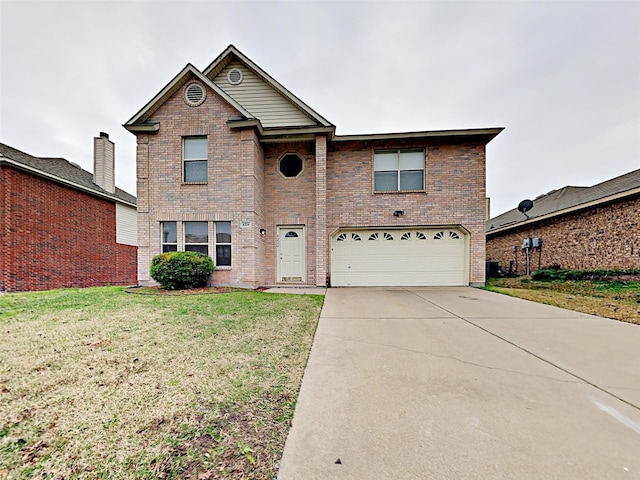 traditional home featuring an attached garage, driveway, and brick siding