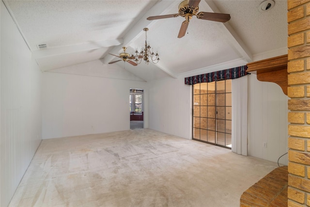 interior space featuring a textured ceiling, light colored carpet, lofted ceiling with beams, and ceiling fan with notable chandelier