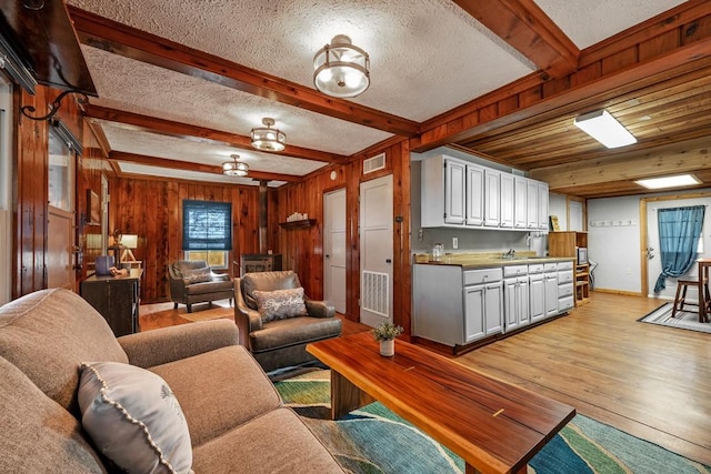 living room with light wood-type flooring, a textured ceiling, beam ceiling, and wood walls