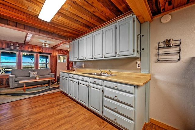 kitchen featuring sink, wood ceiling, light hardwood / wood-style flooring, and beamed ceiling