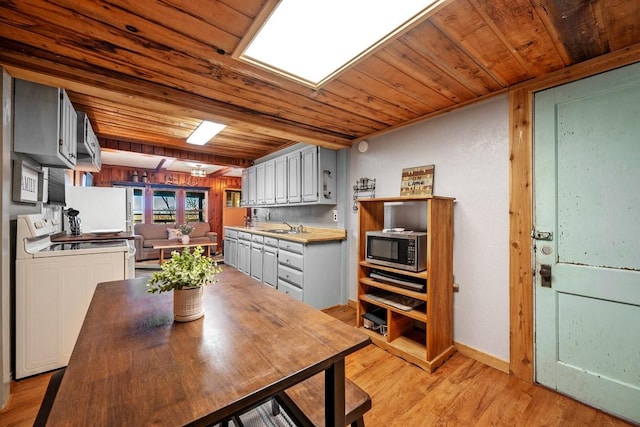 interior space with sink, light hardwood / wood-style flooring, butcher block counters, white range, and wooden ceiling