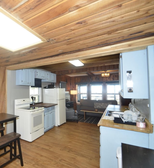 kitchen featuring white cabinets, wood ceiling, white appliances, and hardwood / wood-style flooring