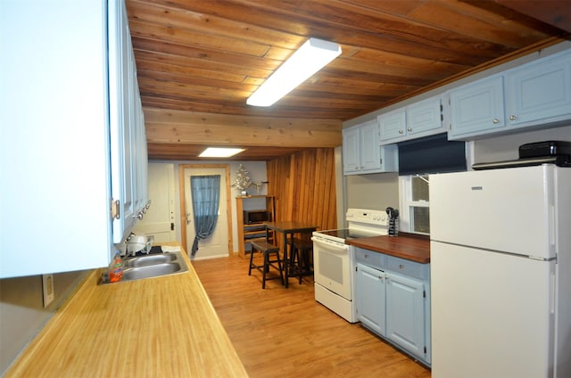 kitchen featuring light hardwood / wood-style floors, wood ceiling, white appliances, sink, and butcher block countertops