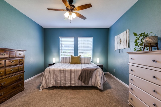 bedroom with ceiling fan and carpet