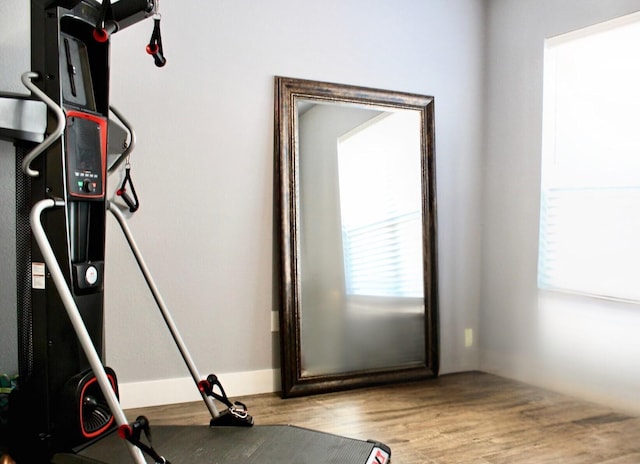 exercise room featuring light wood-type flooring