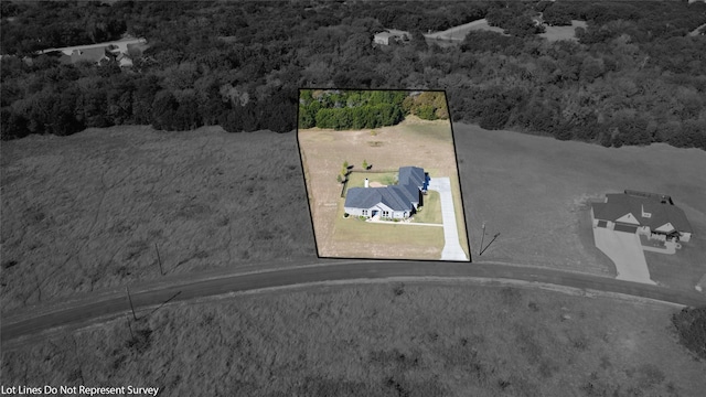 bird's eye view with a wooded view