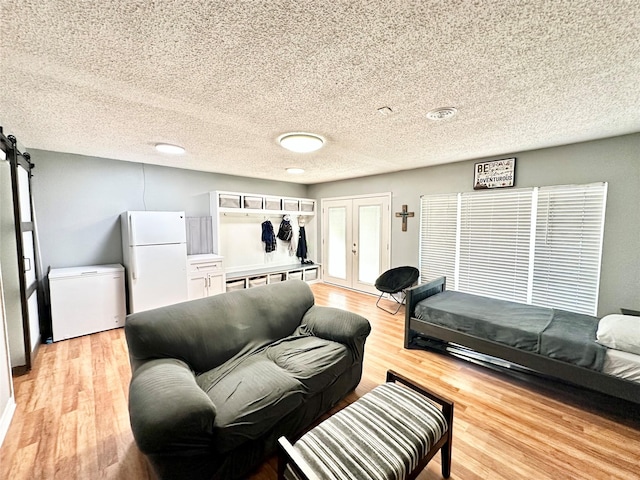 living room with light hardwood / wood-style floors, a textured ceiling, and french doors