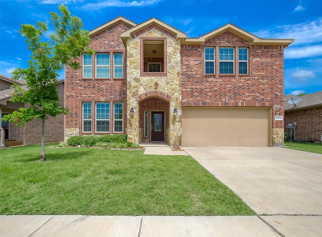 front facade with a front yard and a garage