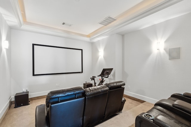 home theater room featuring a tray ceiling, crown molding, and light colored carpet