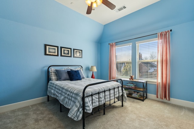 bedroom with lofted ceiling, carpet floors, and ceiling fan