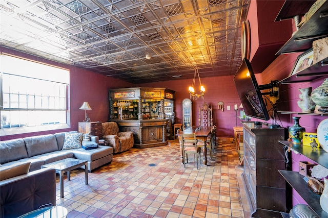 living room featuring a chandelier