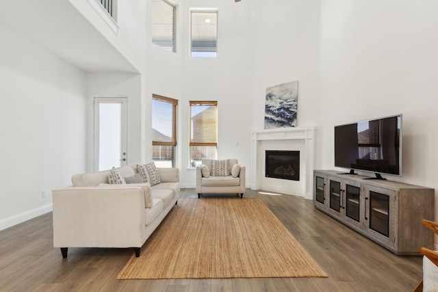 living room with a towering ceiling and wood-type flooring