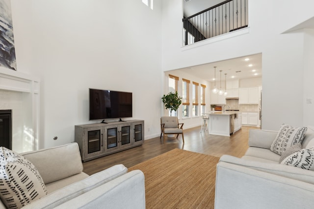 living room with a high ceiling, hardwood / wood-style floors, and sink