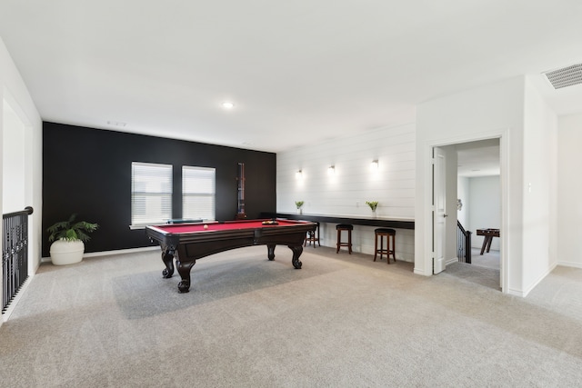 playroom featuring pool table and light carpet