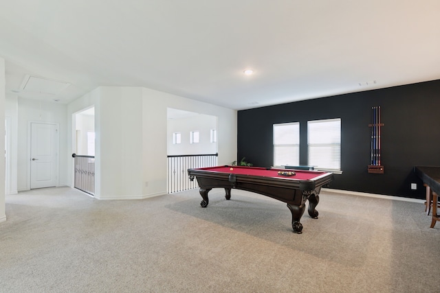 recreation room with pool table and light carpet