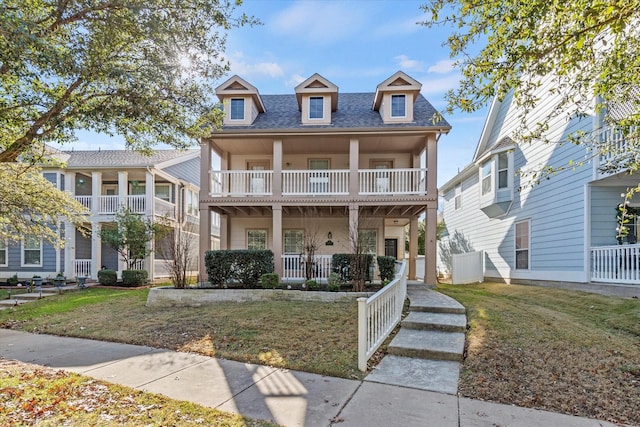 view of front of home with a porch, a balcony, and a front yard